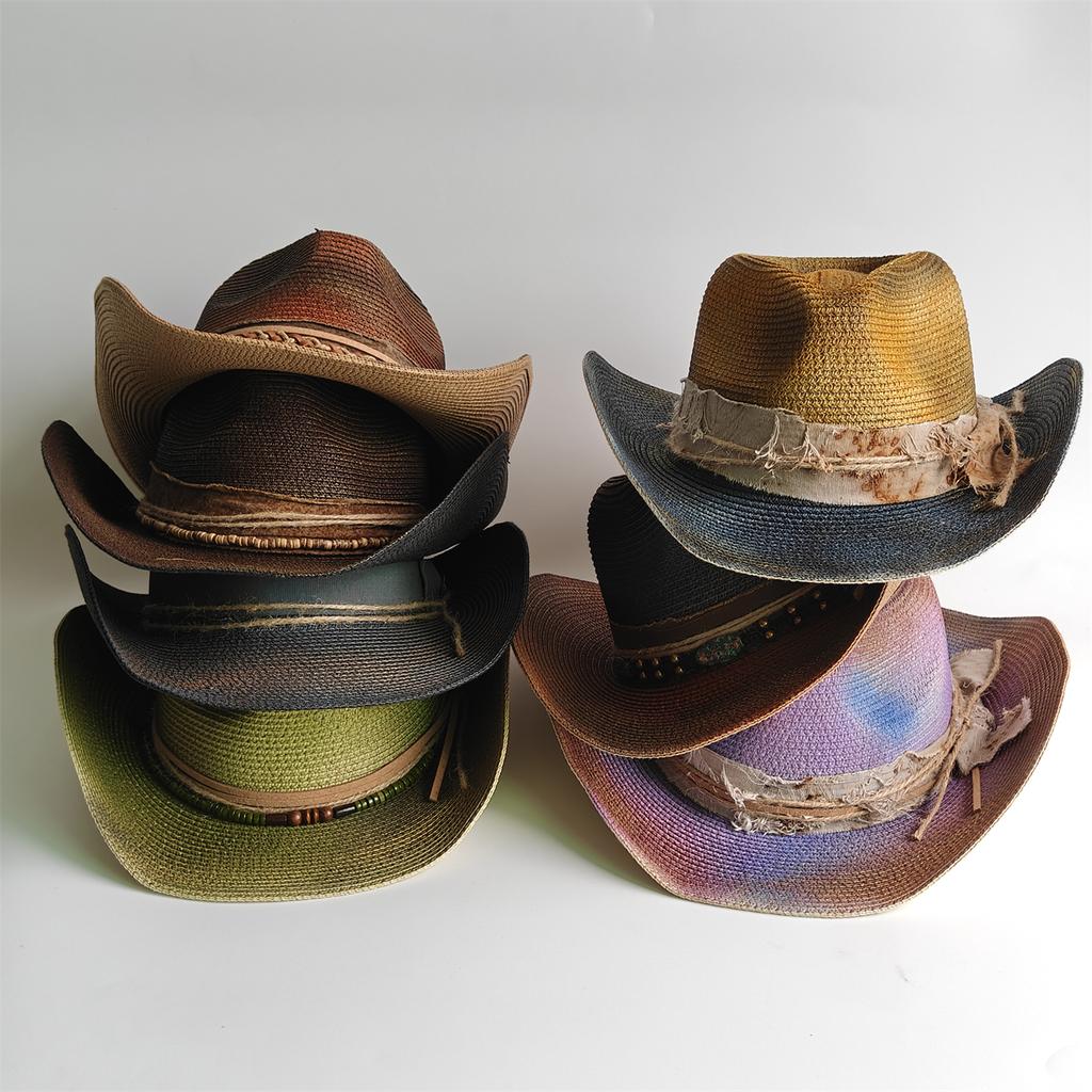 Painted Tie-Dye Cowboy Hat Unisex Sun Hat Wide-Brimmed Malleable Straw Woven Western Cowboy Hat Music Club Party Holiday Hat