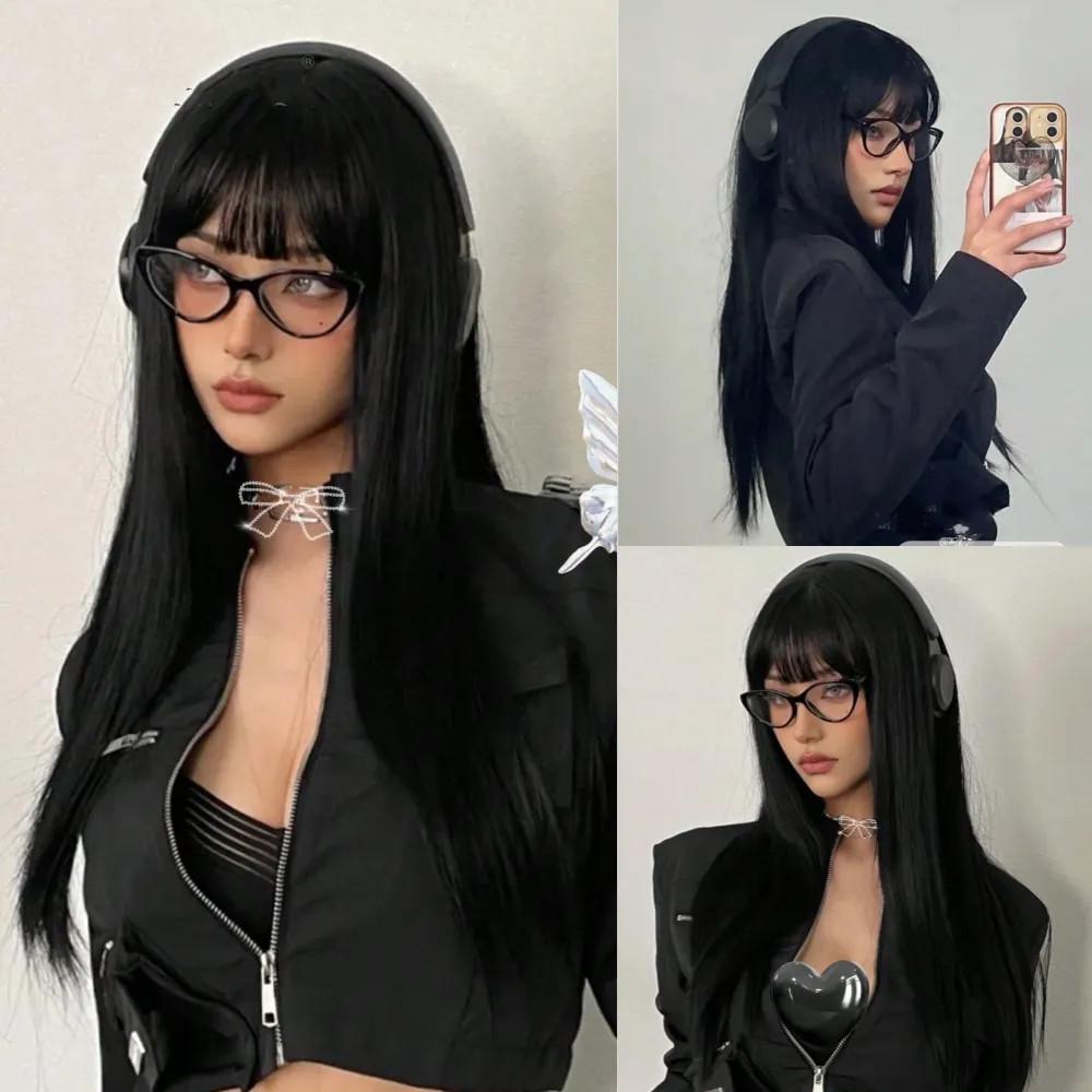 European Style Champagne Brown Long Straight Hair Wig with Bangs