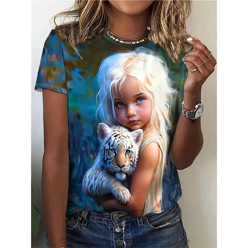 2025 Damen T-Shirt Lässig Mode Kurzarm Neu Lustig Cartoon Tier Katze 3D Druck T-Shirt Für Damen Tägliches Oberteil