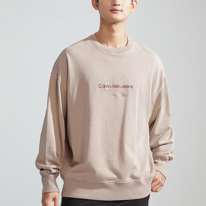 Calvin Klein Logo Embroidered Crew Neck Long Sleeve Sweatshirt Men Sweatshirt Milk-Tea J324475-PED