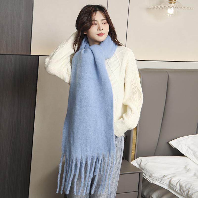 Men's and Women's Thick Woolen Scarf: Solid Color Knitted, Warm, Tassel-Edged, Imitation Cashmere for Winter
