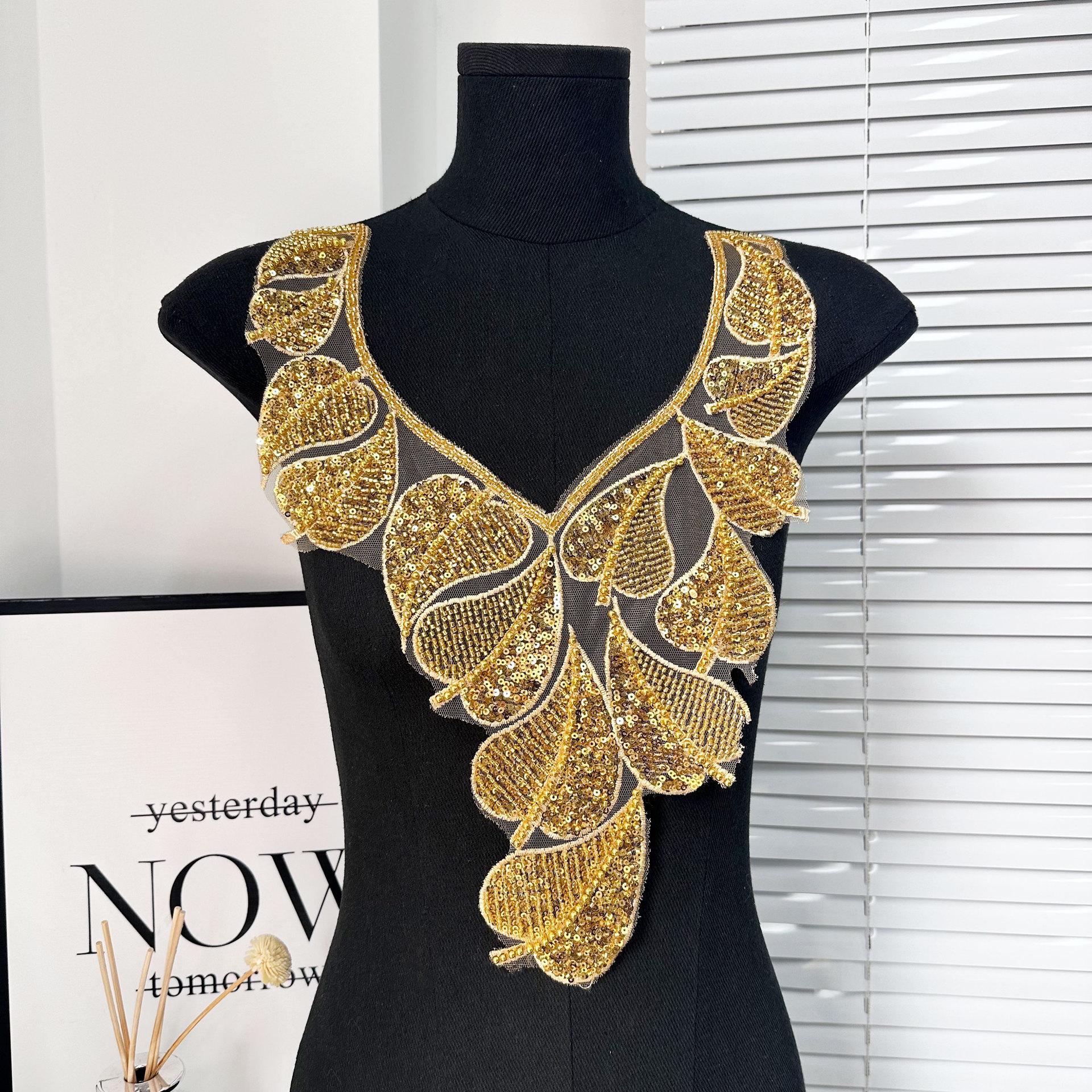 

1 шт. Золотые пайетки, вышивка бисером, нашивки-аппликации в форме листьев для воротника, аксессуары для одежды