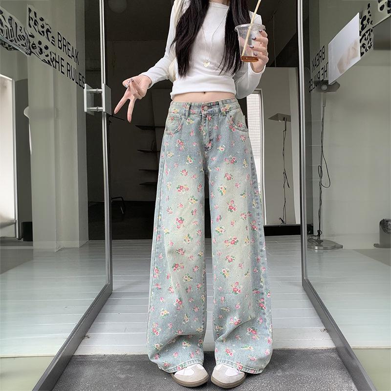 

Американские ретро джинсы женские с высокой талией и цветочным принтом, широкие штанины Large