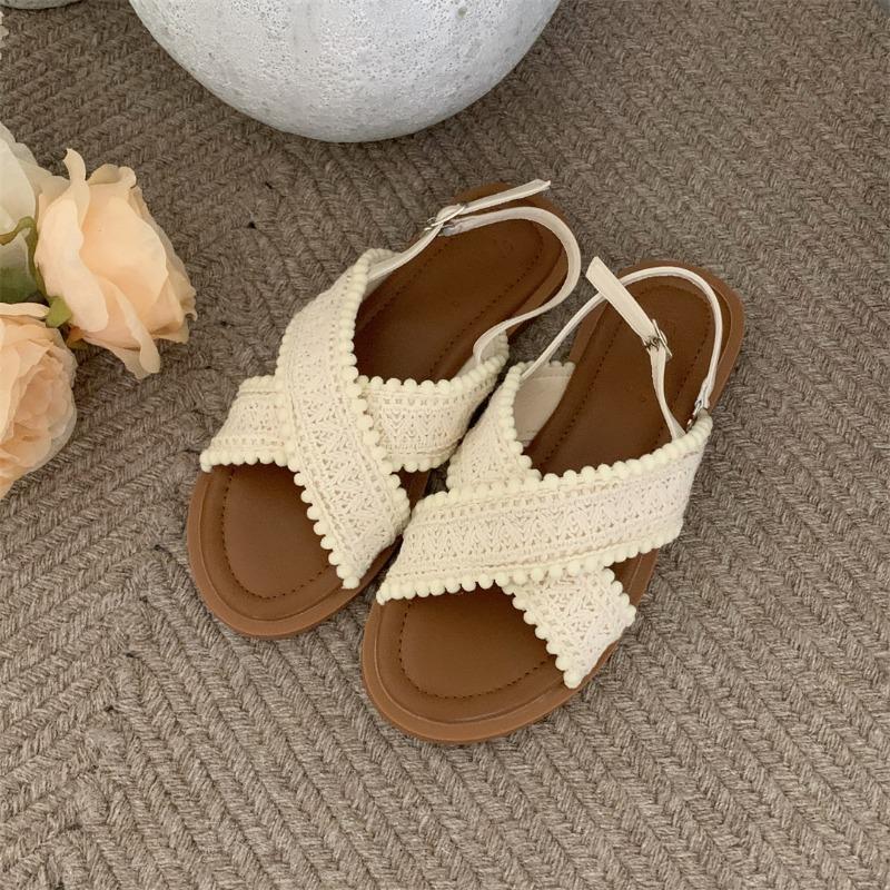 2026 Fashion Women Sandals Ladies Flat Roma Heels Knitted Summer Sandals Outside Cross Tied Leather Female Slides Woman Sandals