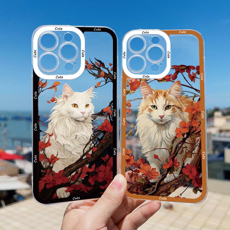 Painted Plum Blossom Flower Cat Clear Phone Case For iPhone 11 12 13 Pro Max 14 15 Pro Max Plus XS XR X Transparent Back Cover