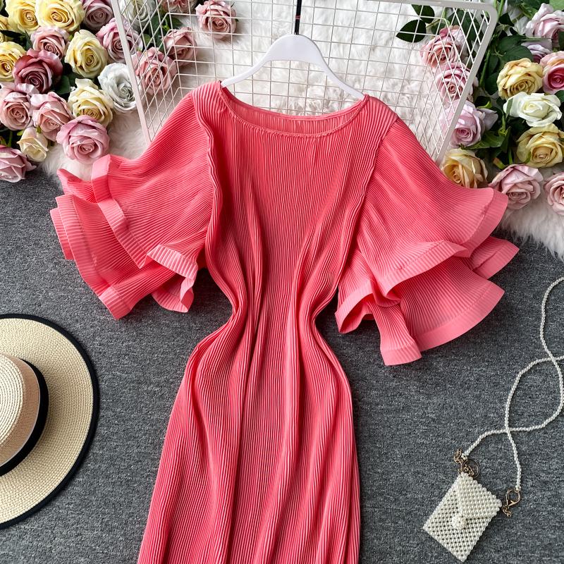 French Bellflower Fairy Mori Lotus Leaf Big Trumpet Sleeve Pleated Dress Mopping the Floor and Swinging Temperament Long Dress