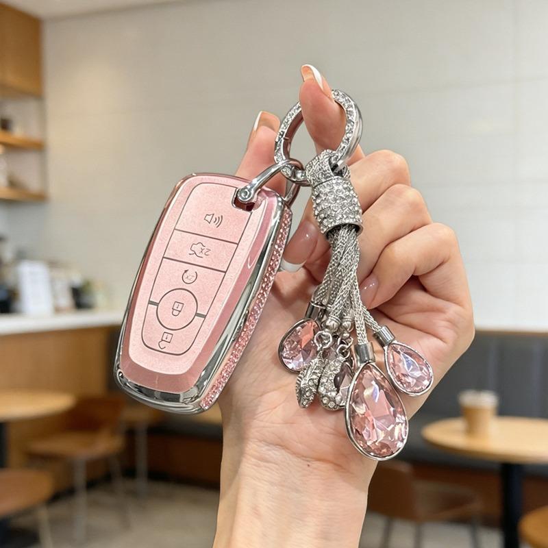 [ Side Diamonds ] 4 Buttons TPU Car Key Case Cover Shell Fob for Ford Fusion Edge Escape Explorer Taurus Expedition Ranger F-150