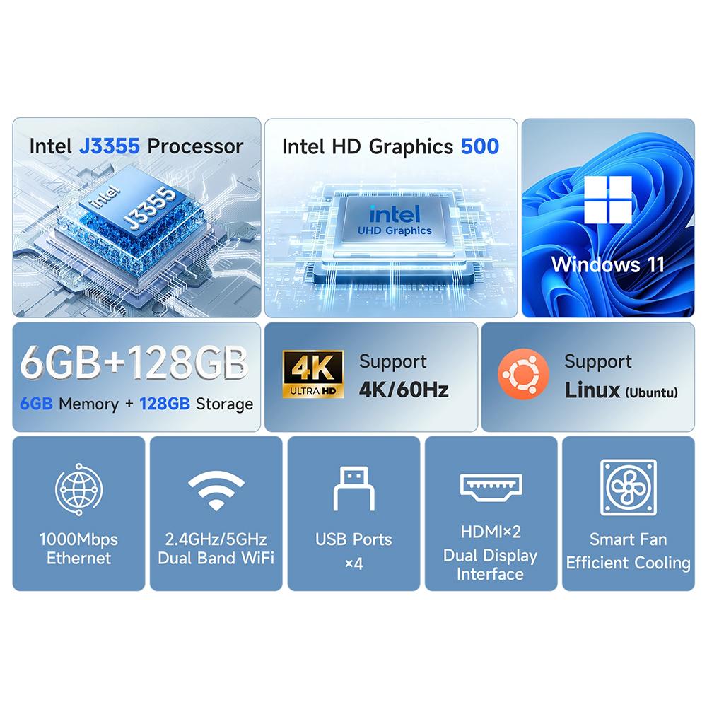BMAX B1 Plus Windows 11 PC Intel J3355 6GB RAM 128GB ROM HDMI USB Wi-Fi Unterstützt 4K@60Hz Intel HD Graphics 500 Mini-PC