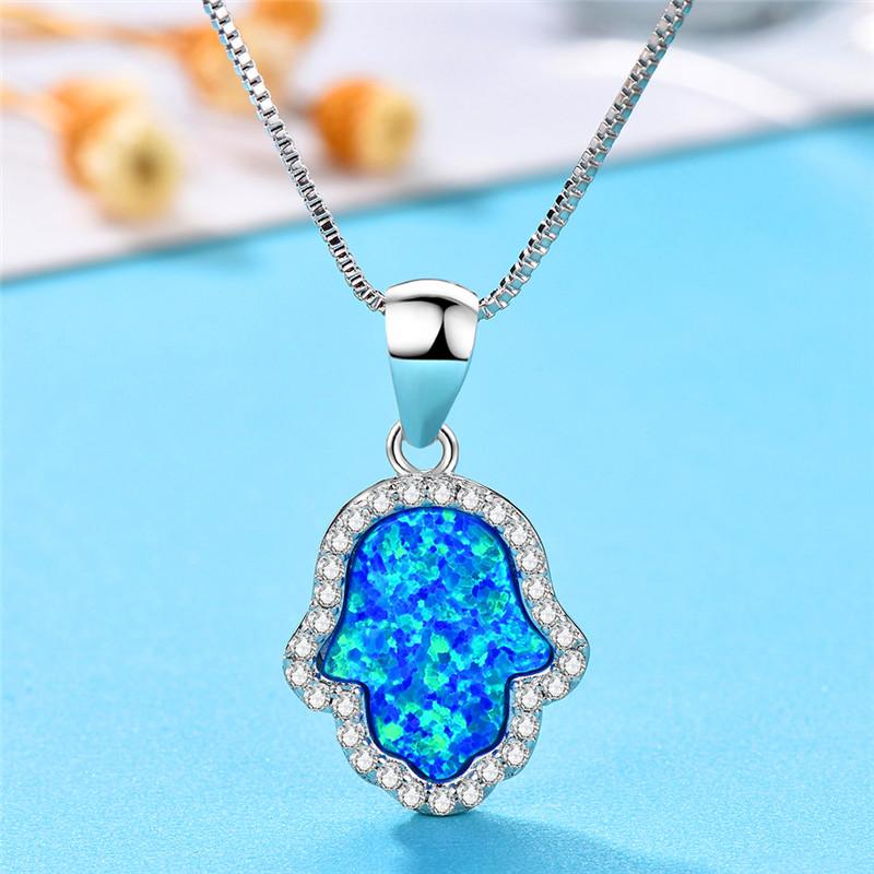Boho Female Cactus Pendants Necklaces Fashion Silver Color Blue White Fire Opal Wedding  For Women