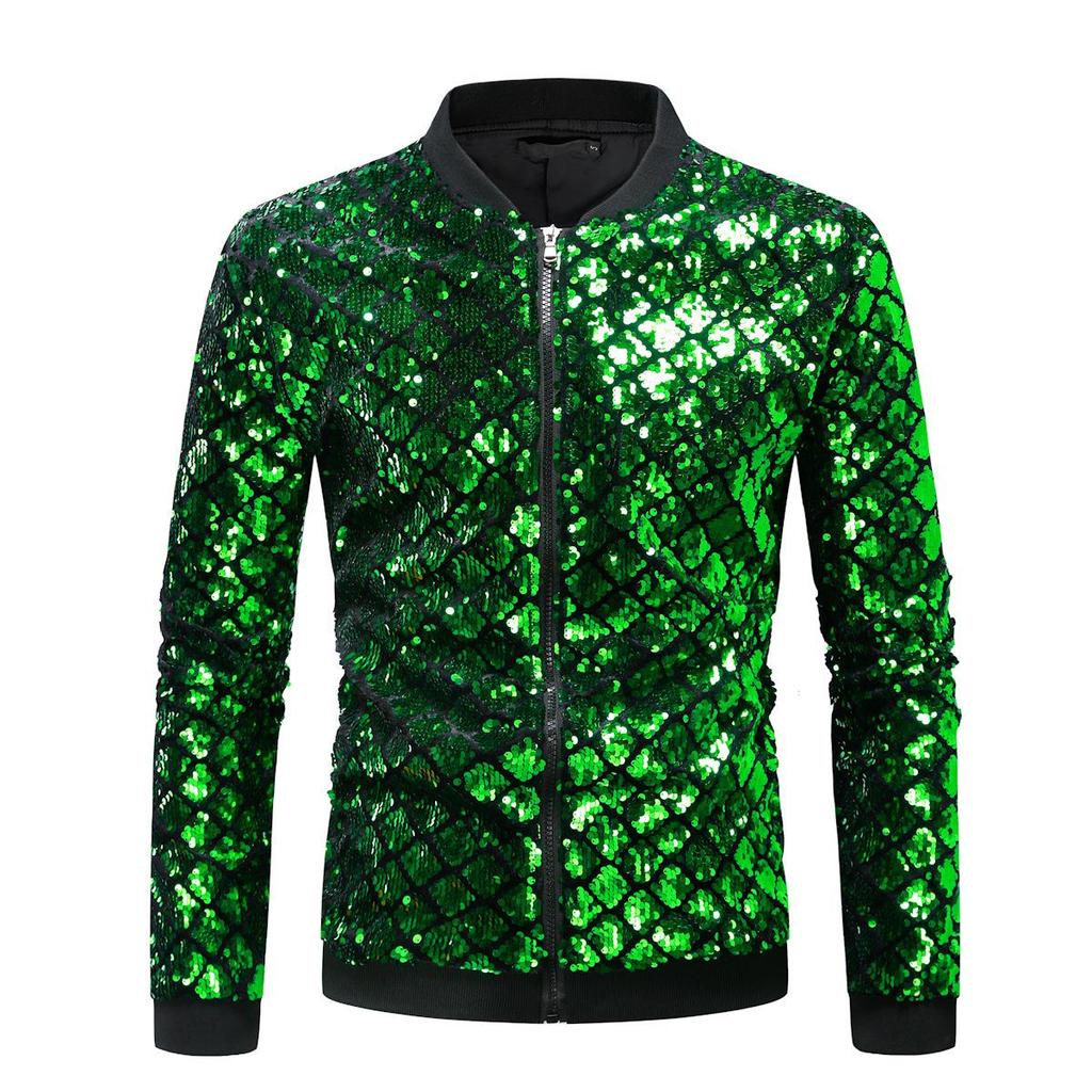 Men's Sequined Plaid Stand Collar Jacket – Trendy Spring/Autumn Fashion