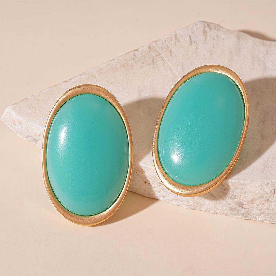 Retro Resin Oval Geometric Earrings with Silver Needle - European American Style, High-End, Unique Personality for Women.
