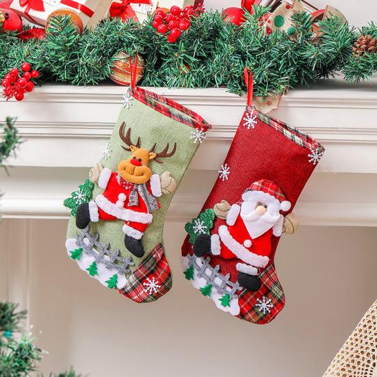 4 Pcs Burlap Christmas Stockings 3D Santa Snowman Elk Christmas Treat Bags Xmas Fireplace Hanging Stockings