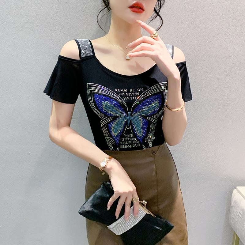 

Женские блестящие футболки с бриллиантами, бабочками, буквами, мультяшным дизайном, сексуальные сетчатые футболки с открытыми плечами, топы, блузки, рубашки XXL чёрный