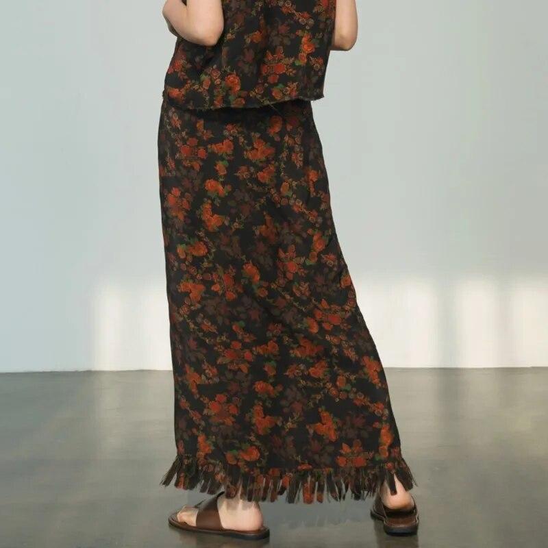 Johnature Dámské sukně s bandáží v čínském stylu s jarním květinovým potiskem vysoké kvality pro ženy Vintage střapce A-Line