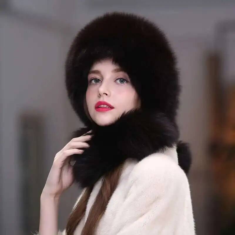 Fox Fur Hat Women Winter Scarf Hat Warm Ear Protection Cap Female Outdoor Thick Warm Fur Hats Russians Fashion Fluffy Fur Hat