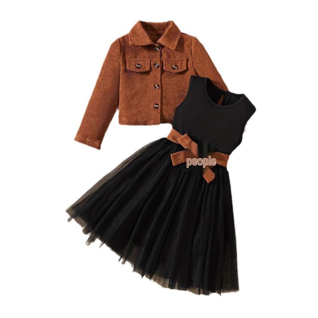 Girls' Coffee Corduroy Jacket & Dress Set - Single-Breasted Long Sleeve Top with Vest Mesh Skirt, Two-Piece.