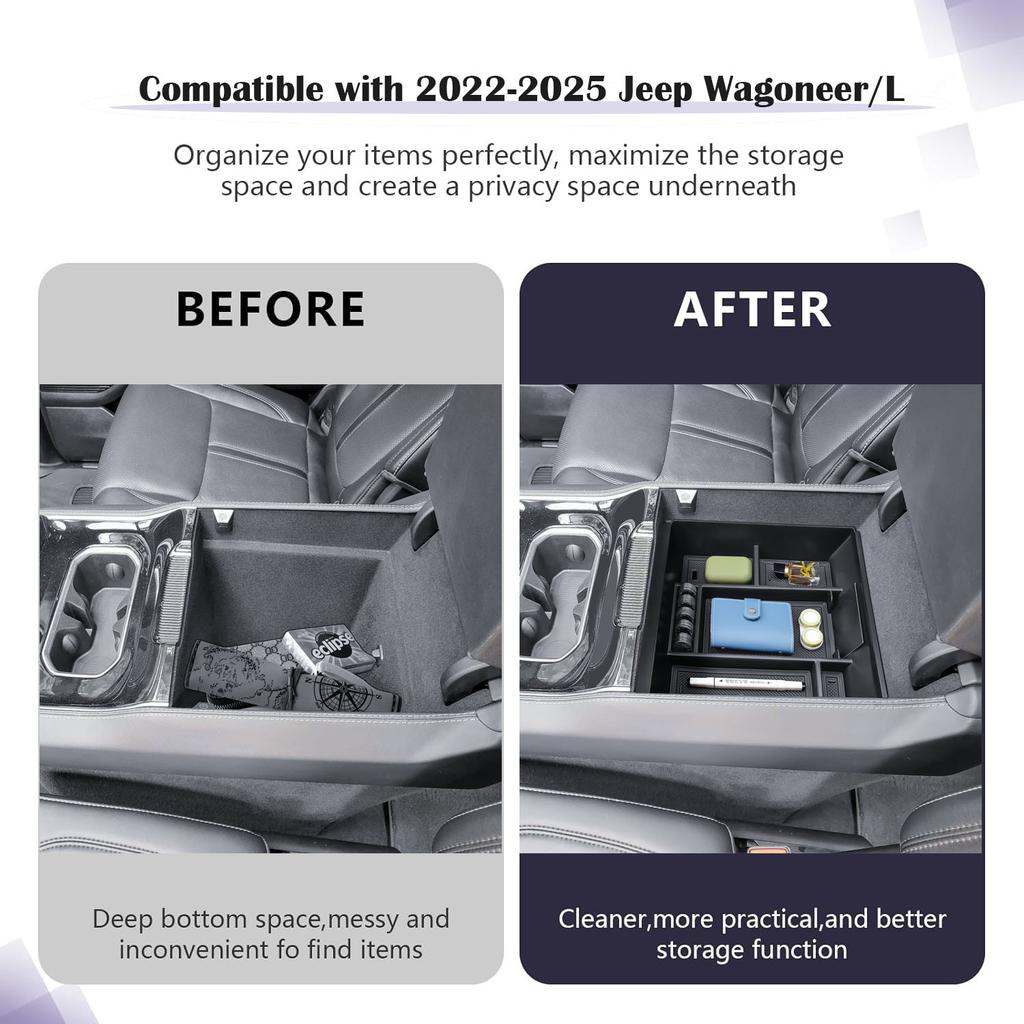 Armrest Storage Center Console Organizer for 2025-2025 Jeep Wagoneer/L, 2025-2025 Jeep Grand Wagoneer/L Interior Car Storage Box
