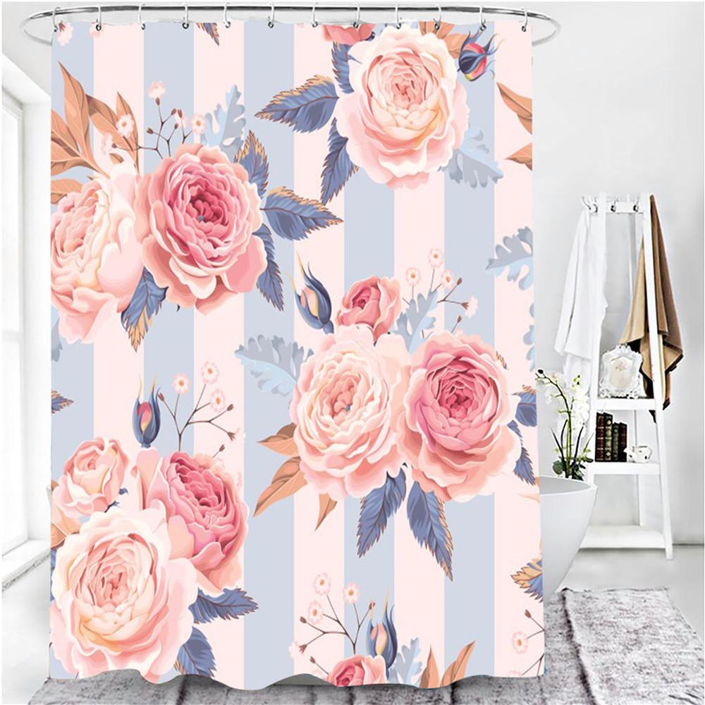 Pink Flowers Rose Elegant Printed Shower Curtain Set Waterproof Women Bathing Bathroom Pedestal Rug Lid Carpet Cortina Ducha