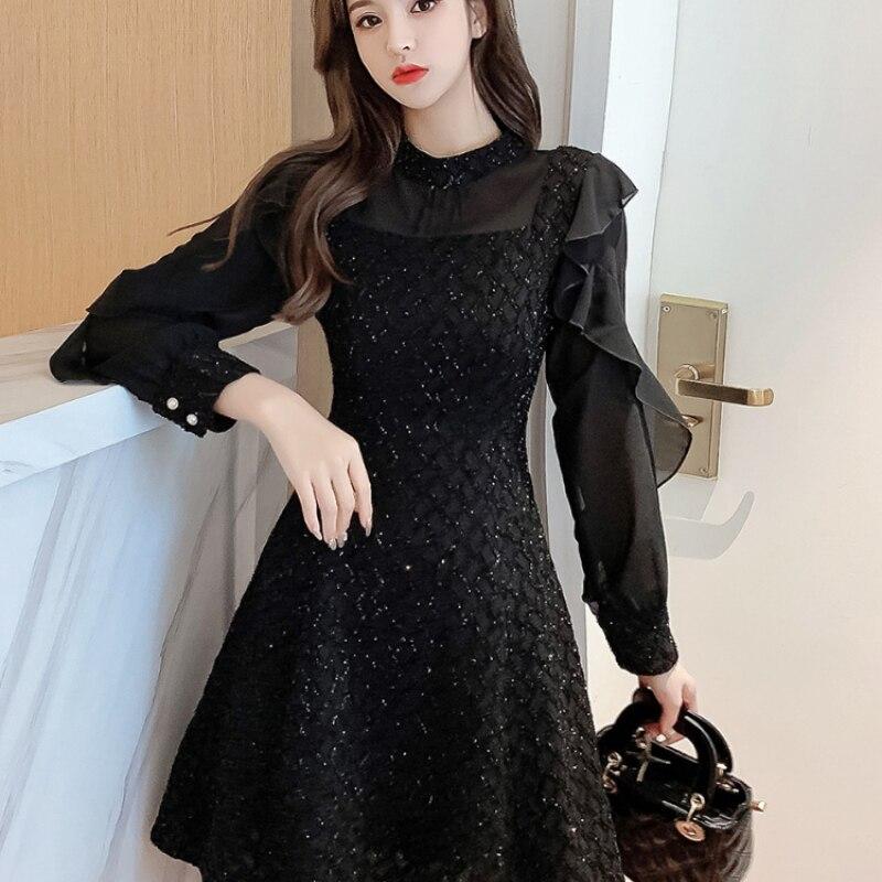 

Элегантное облегающее сексуальное женское платье для женщин с длинным рукавом из шифона и оборками в стиле пэчворк, платья А-силуэта, женское платье, женское, черное XXXXL чёрный