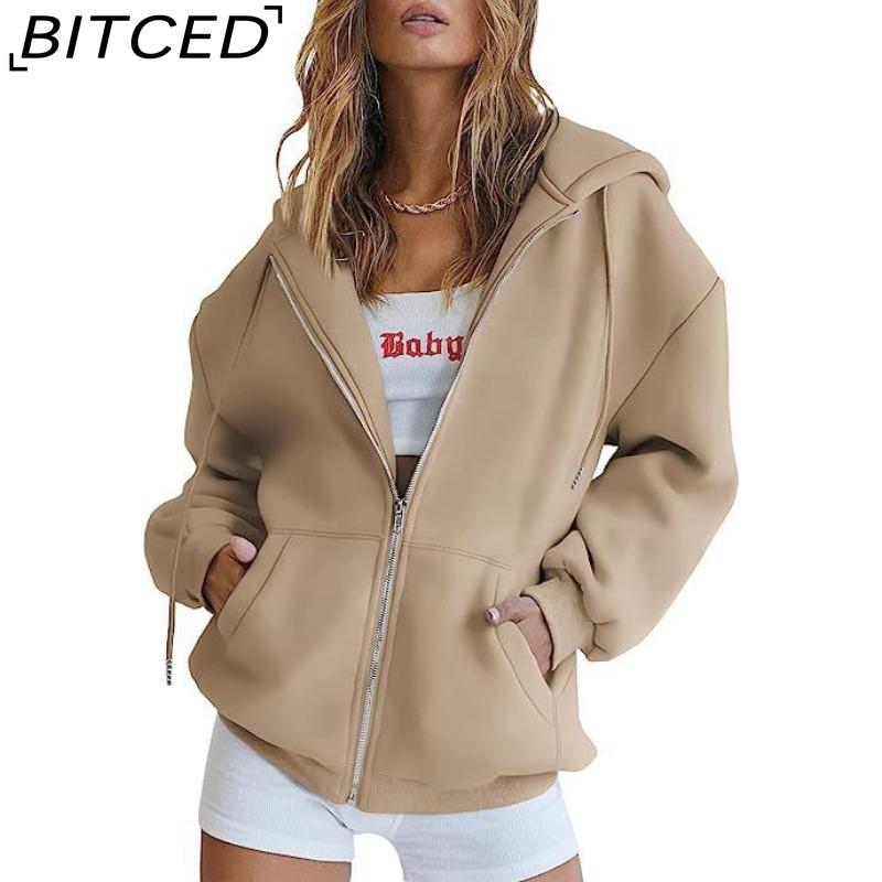 BITCED Unisex Fleece-Lined Hooded Sweatshirt Casual Cardigan with Zip-Up Front