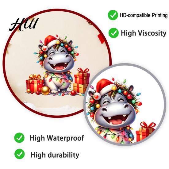 Hippo Wall Decals for Christmas Cartoon Decal, Cute Sticker with Colorful Lights & Holiday Glass Stickers Decor Xmas Balls, Waterproof Mural