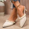 New Sweet Pearl High-heeled Slippers Summer New Pointed Toe Mules Half Baotou Slipper Beige Black Outside Heeled Sandal Slides
