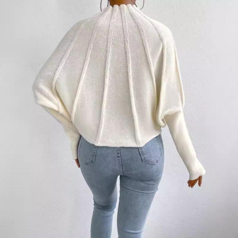 Autumn Winter Half High Collar Loose Casual Sweater Women Batwing Sleeve Solid Color Pullover Knitting Top