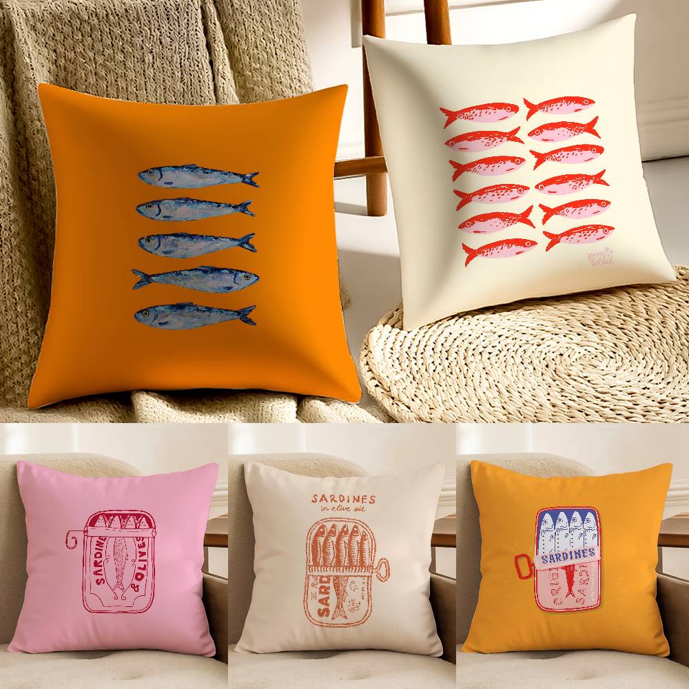 Cute Coastal Charm Sardines Pillow Case Anti-Dustmite Pillowcase Invisible Zipper Silky Short Plush Sofa Cushion Cover
