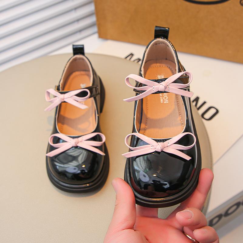 Spring Girl's Mary Janes Sliver Black Bowknot Elegant Kids Leather Shoes Chunky Round Toe Beautiful Chic Children Flat Shoe26-36