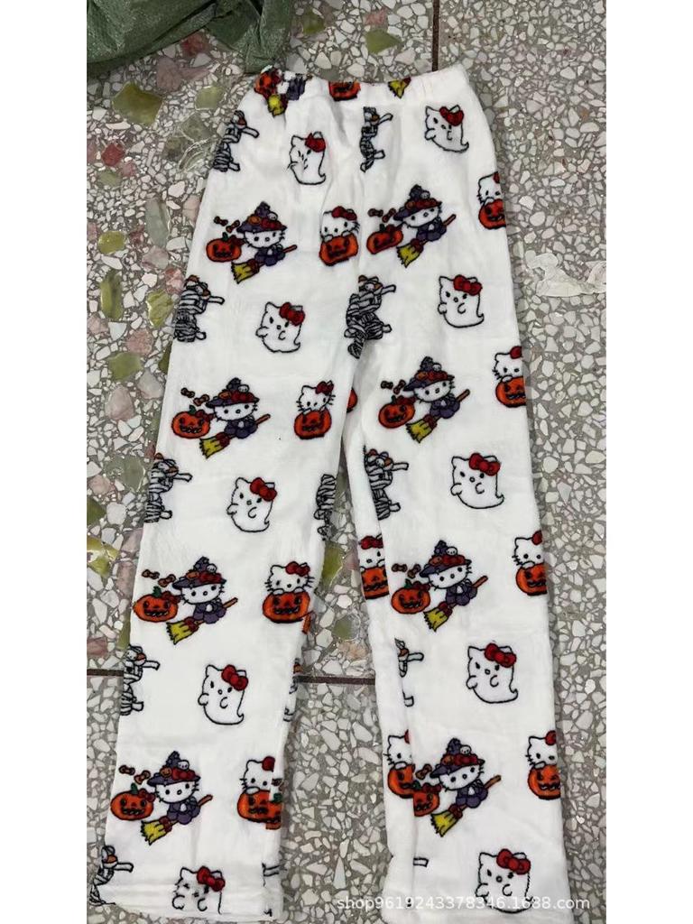 Exclusive Hello Kitty Halloween Flannel Sleep Pants: Thick, Plush, Casual Loungewear for Women - Perfect for Autumn and Winter.