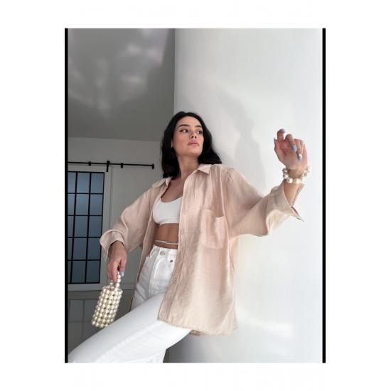 Cămașă de damă cu buzunar supradimensionat, cu umăr în jos