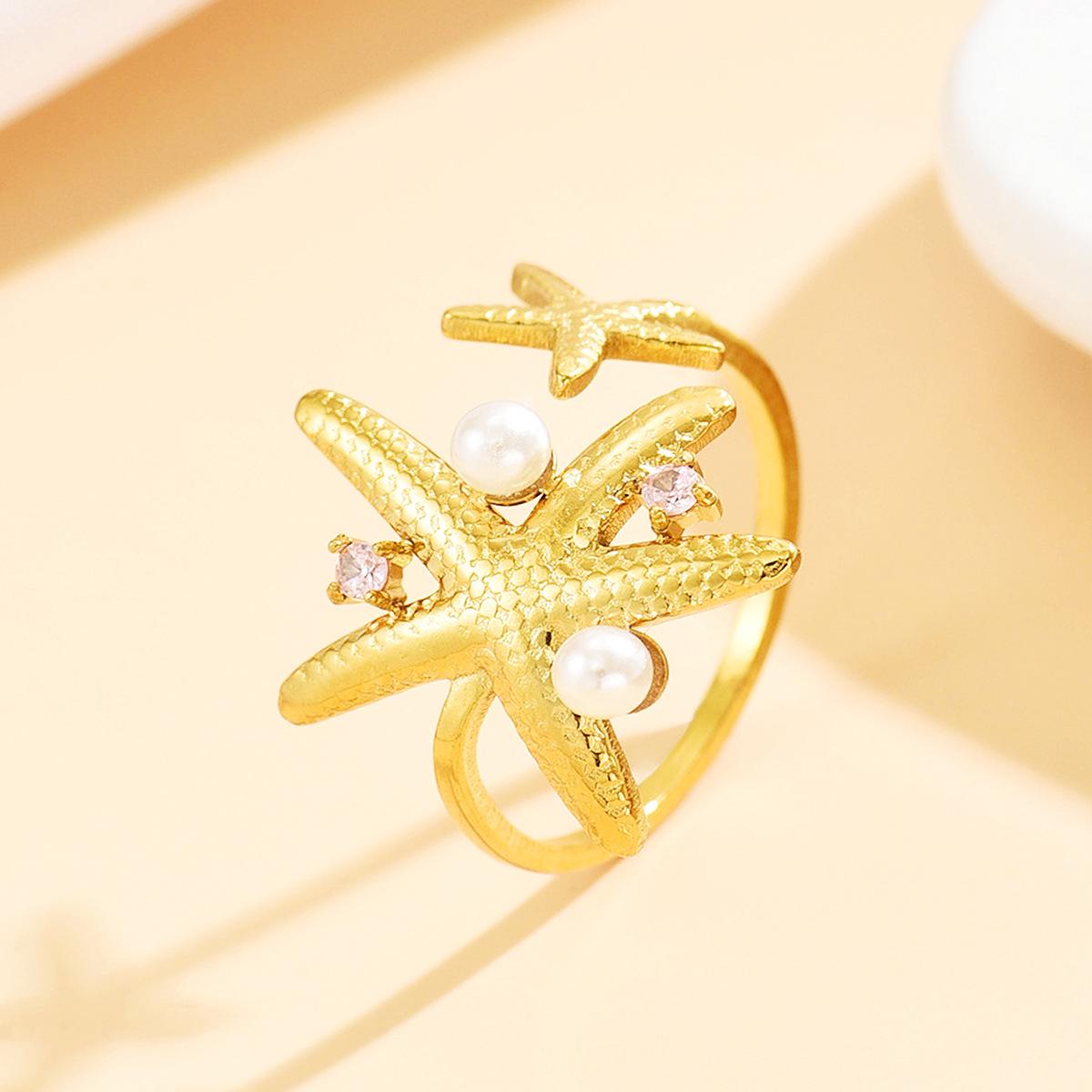 Sweet Vacation Starfish Rhinestone Stainless Steel Beach Ring with Colorful Zirconia