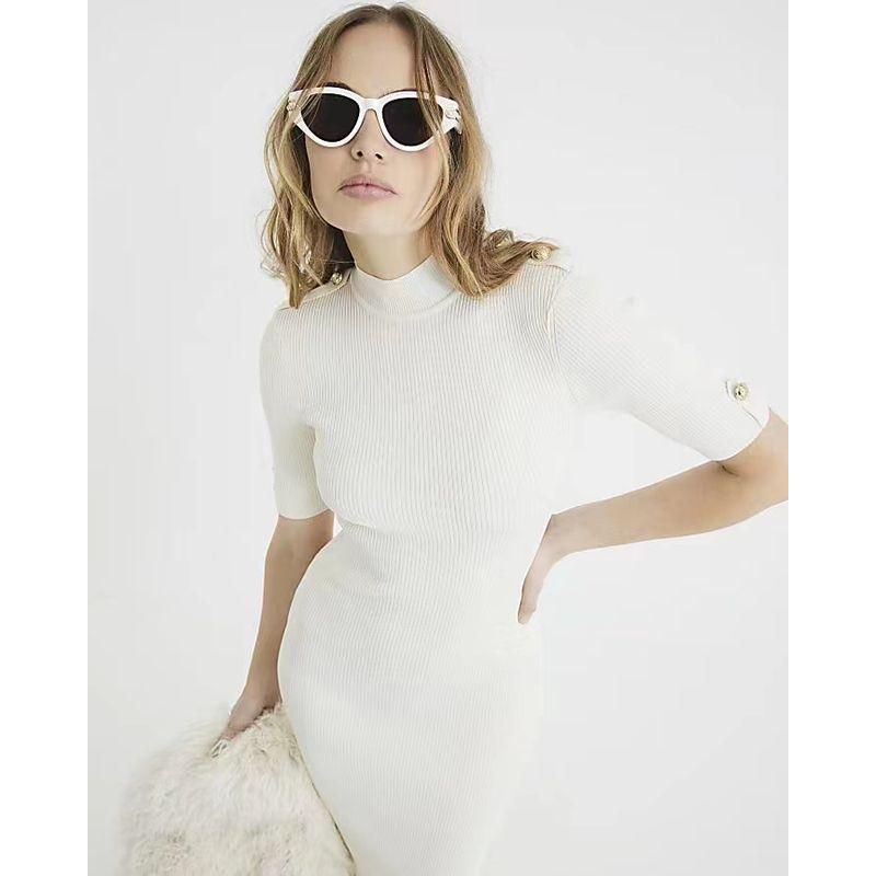 British Niche Style ~ Ri * Half Turtleneck Short Sleeve Knitting Dress