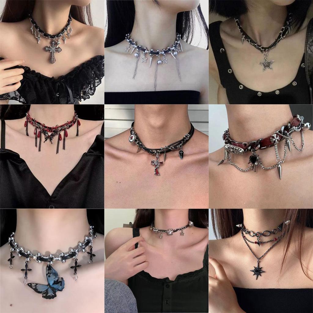 Y2K Spicy Girl Dark Star Leather Choker Necklace - Pure Desire Clavicle Chain