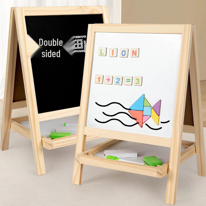 

Kids 2-in-1 Wooden Folding Easel: Double-Sided Magnetic Board