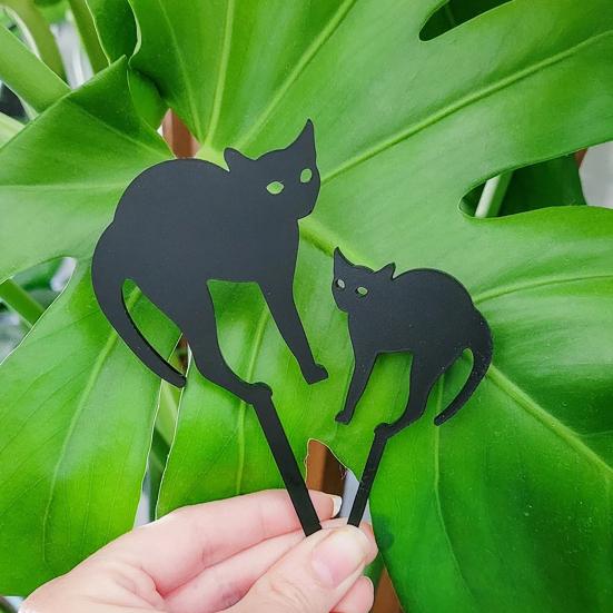 2Pcs/Set Flowerpot Cat Sign Planter Insert Cat Sign with Stake Black Cat Silhouette Garden Decoration for Outdoor Indoor Potted Plant Patio Balcony