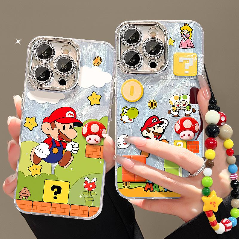 Mario Doll Bracelet for Apple 16 Feather Yarn Mobile Phone Case Xiaomi 14Pro Feather Yarn 15 Cute Cartoon 13