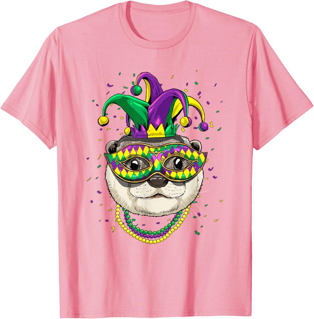 Mardi Gras Otter  Mask Beads Graphic Print Cotton Casual T-Shirt for Men