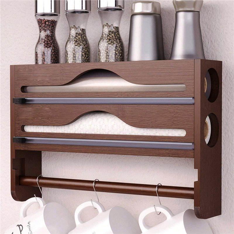 M-Modern-Kitchen Foil Dispenser With Paper Towel Holder, Bamboo Aluminum Foil And Plastic Wrap Organizer A