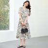 High quality 26 year summer V-neck women's mid length skirt dress looks slim, covers belly, slightly chubby, mid length skirt for women