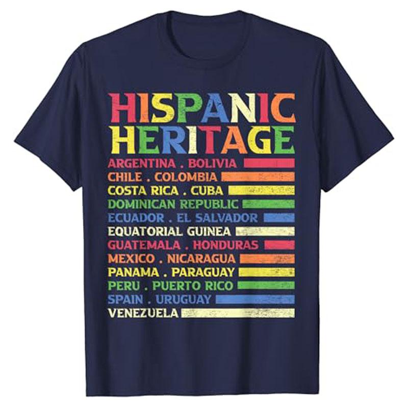 Hispanic Heritage Month National Latino Countries Flag T-Shirt Letters Printed Graphic Tee Top La Herencia Hispana Women Clothes