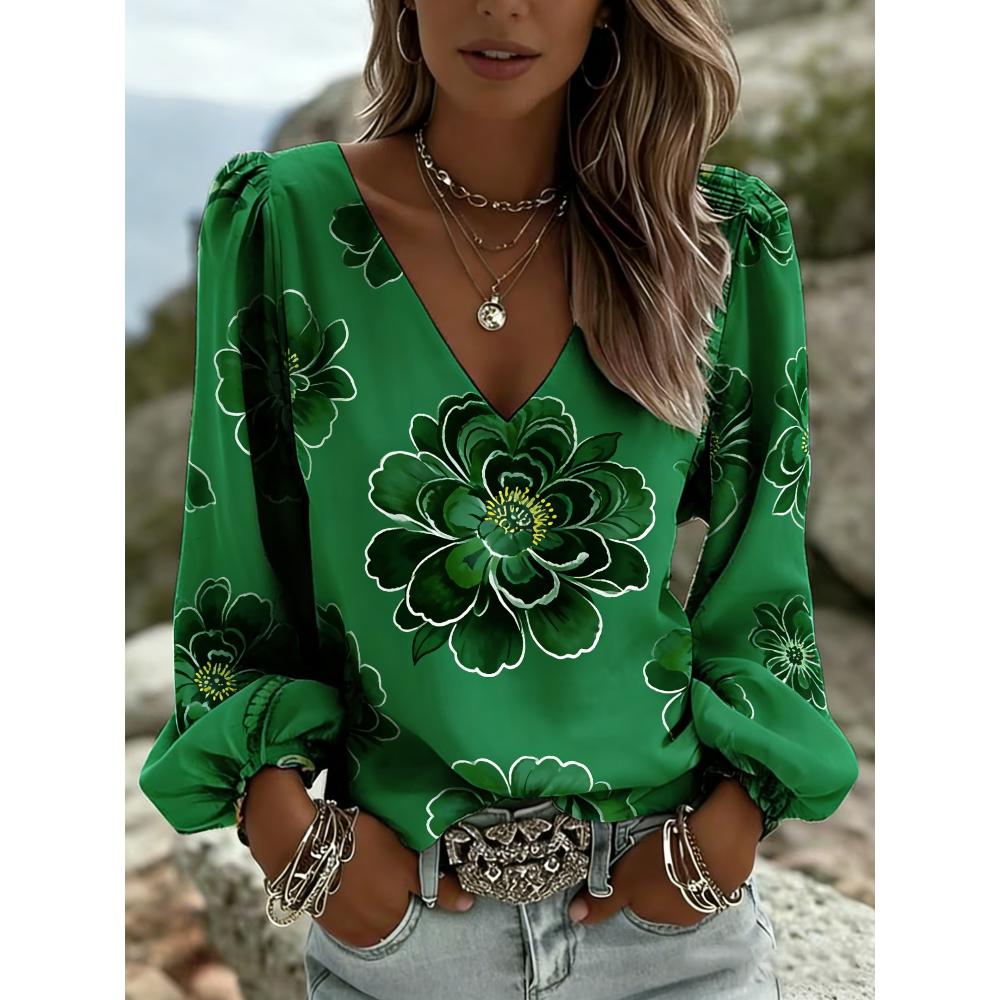 Essential for spring and summer, this V-neck long-sleeved style features floral prints. It is elegant and fitted, perfect for dates and vacations.