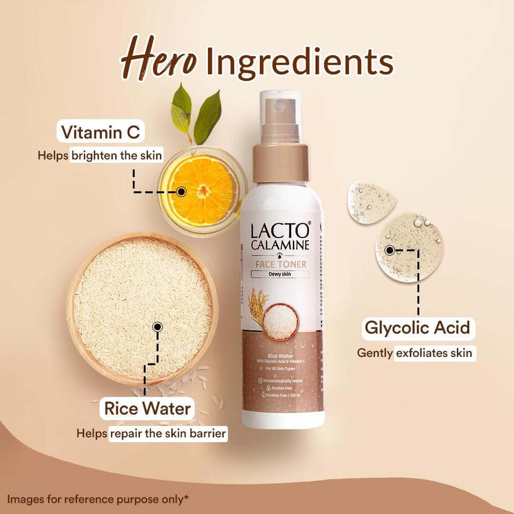 Lacto Calamine Rice Toner 120ml Pack of 1 | Face Toner for Glass Skin with Vitamin C & Niacinamide
