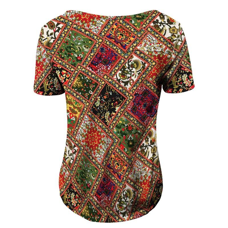 Ladies Casual V Neck Short Sleeve T-Shirt Print Button Top
