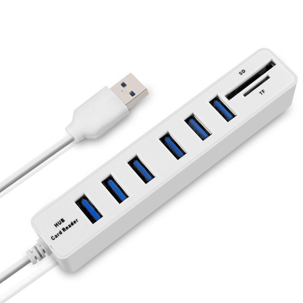True 2.0 USB Hub: 6-Port Splitter Docking Station with 2-in-1 Card Reader for File Transfer