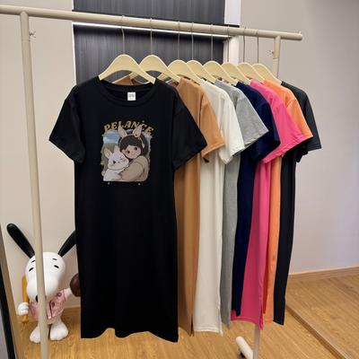 Loose-fitting Large-sized Women's Round-neck Short-sleeved T-shirt Dress, Long Laid-back Style Dress, Knee-length Sleeping Dress