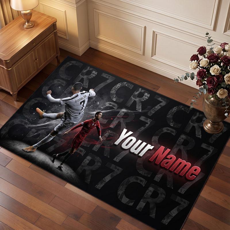 Cristiano Ronaldo Custom Crystal Velvet Rug, Personalized Name Text Print, Football Logo Soft Non‑Slip Floor Mat Home Decor Gift