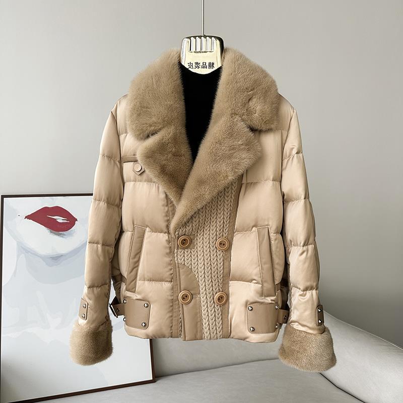 European winter new high-end mulberry silk white goose down jacket women's short mink fur collar fur jacket