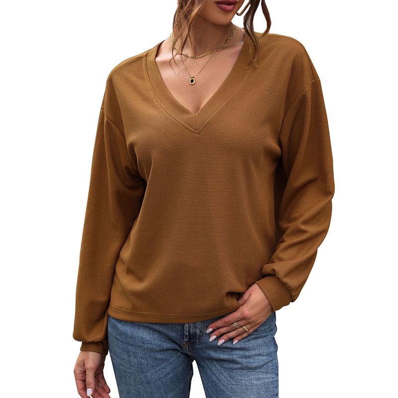 European & American Autumn 2025 Retro V-neck Waffle Long-sleeve Women's Pullover Top