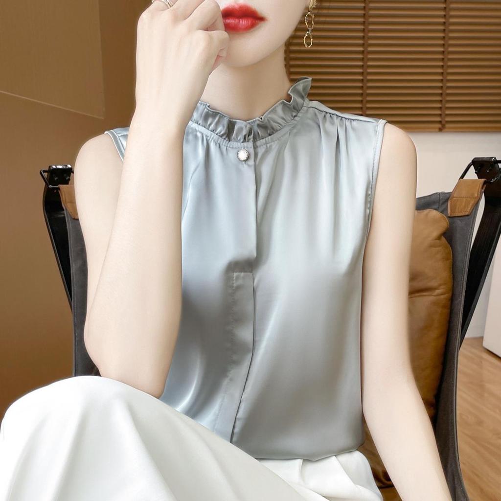 Silky Lotus Leaf Lace Collar Sleeveless Top for Women - Spring/Summer Fashion Layering Essential